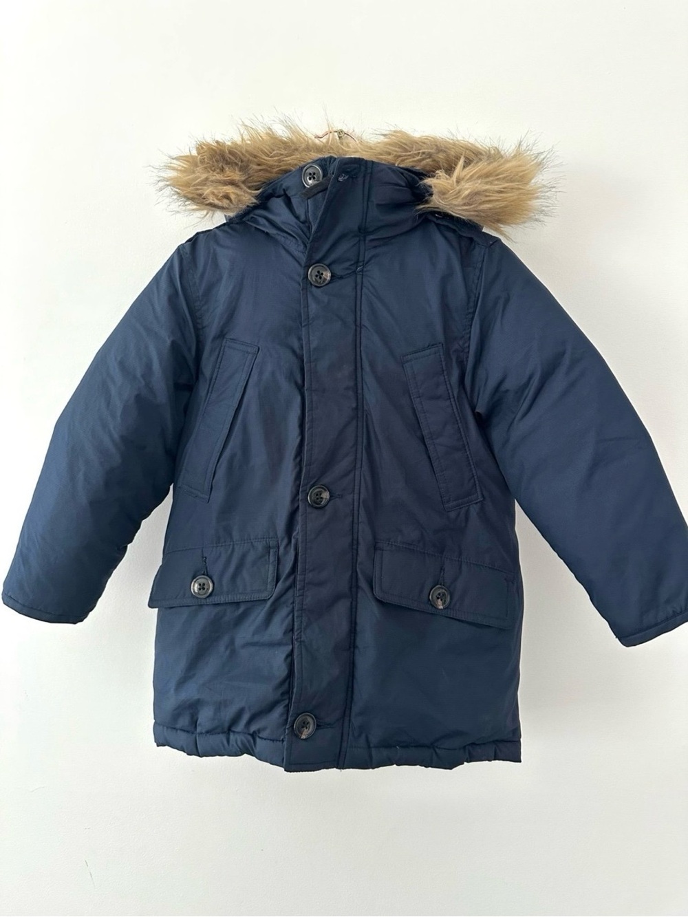 Gap kids boys' size XS winter down fill navy faux fur hooded parka coat